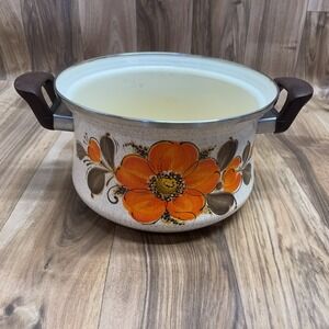 Sanko Ware Japan Show Pans‎ Pot Enamel Vintage 10"X6" Flowers